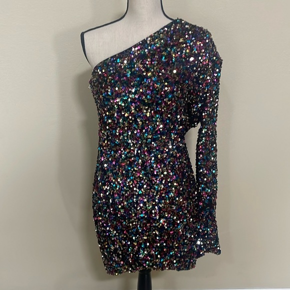 Sequin multicolor one shoulder mini dress size 1XL - Picture 2 of 7